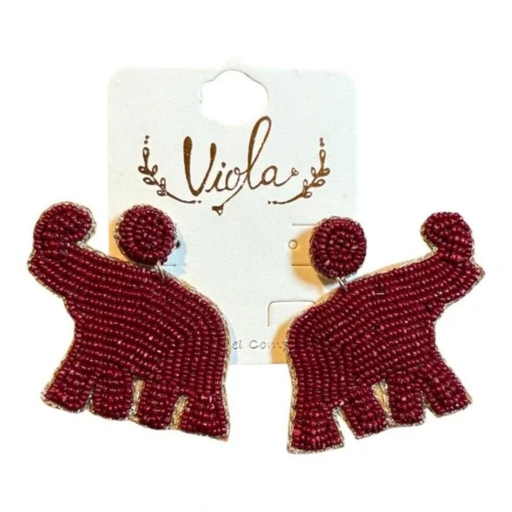Burgundy Beaded Elephant Statement Earrings